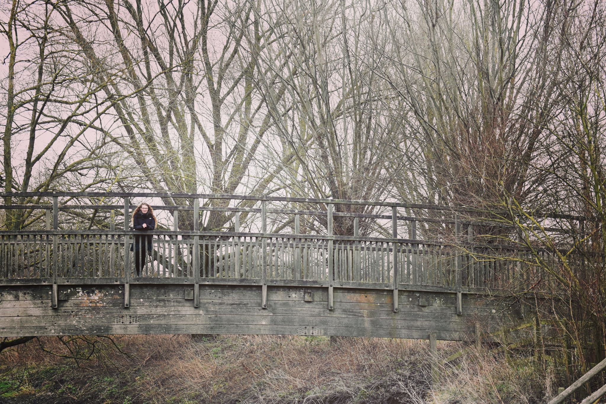 Joanna leaning on a footbridge railing in misty winter woodland